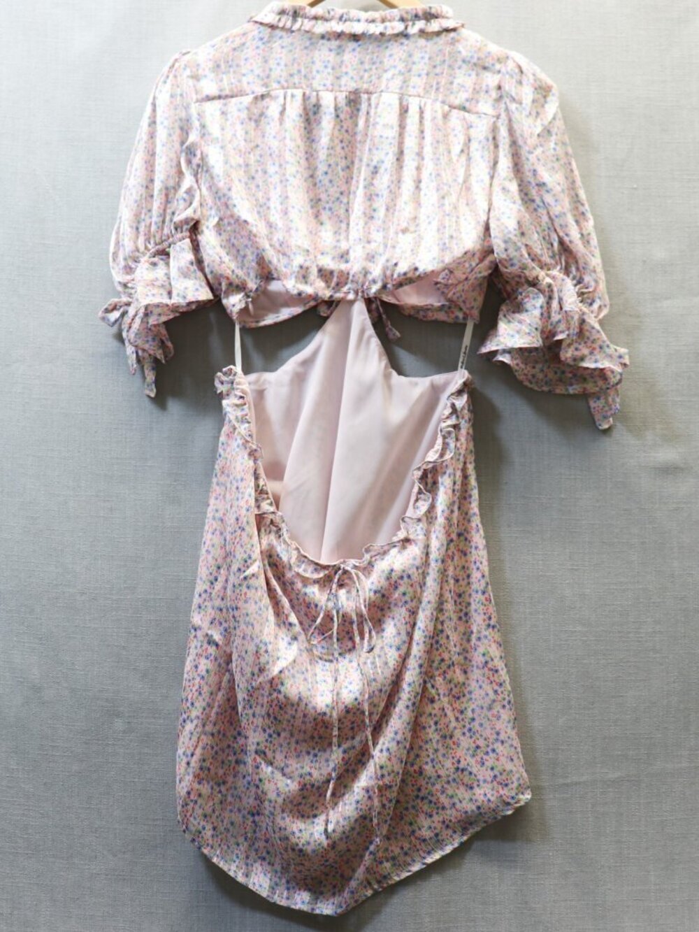 For Love & Lemons Phoebe Floral Mini Dress L Pink Cut Out Puff Sleeve NWT - Picture 14 of 16